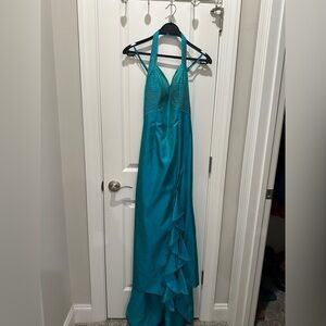 Teal Beaded Halter Prom Dress